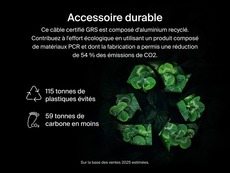 Image du c&acirc;ble &agrave; gaine tress&eacute;e Belkin BoostCharge&nbsp;Pro USB-C vers double USB-C avec mat&eacute;riaux certifi&eacute;s GRS, aluminium recycl&eacute;, r&eacute;duisant ainsi l'utilisation de plastique et les &eacute;missions de carbone, pour un accessoire de recharge respectueux de l'environnement.